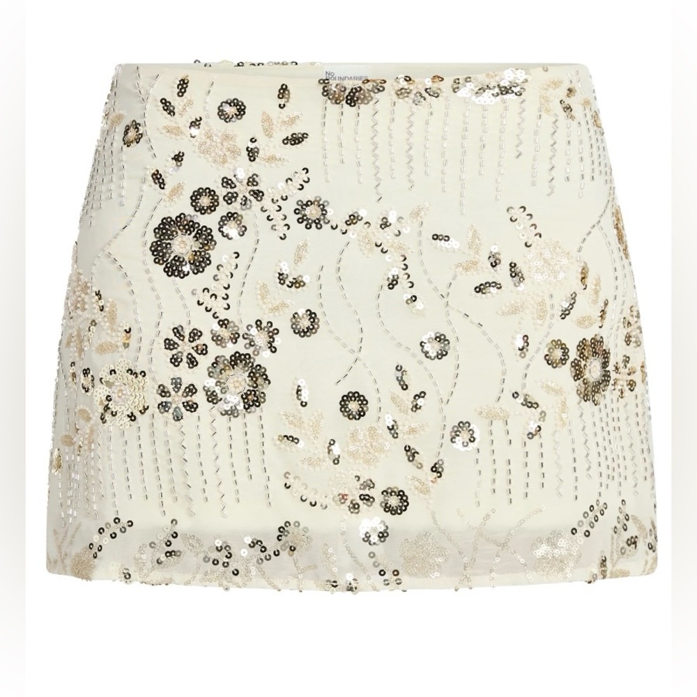 NWT No Boundaries Embellished‎ Sequin Beaded Mini Skirt Ivory XS 0-2